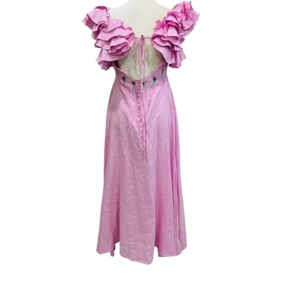 FANM MON Aster Pink DemreLinen Embroidered Maxi DressRuffle Sleeve NWT - Picture 9 of 16